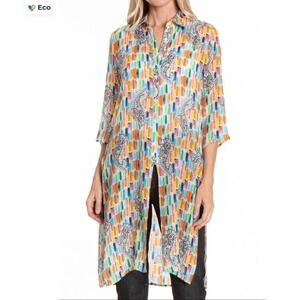 APNY Women XXL Button Up Tunic Striae Paisley Multi Print Boho‎ Side Slit Shirt